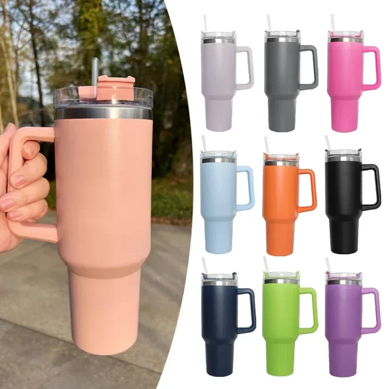 40 oz Insulated Stainless Steel Travel Mug with Handle, Lid, and Straw