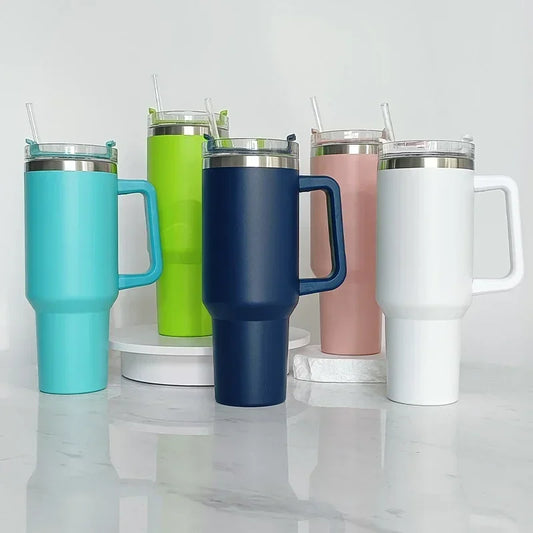 40 oz Insulated Stainless Steel Travel Mug with Handle, Lid, and Straw